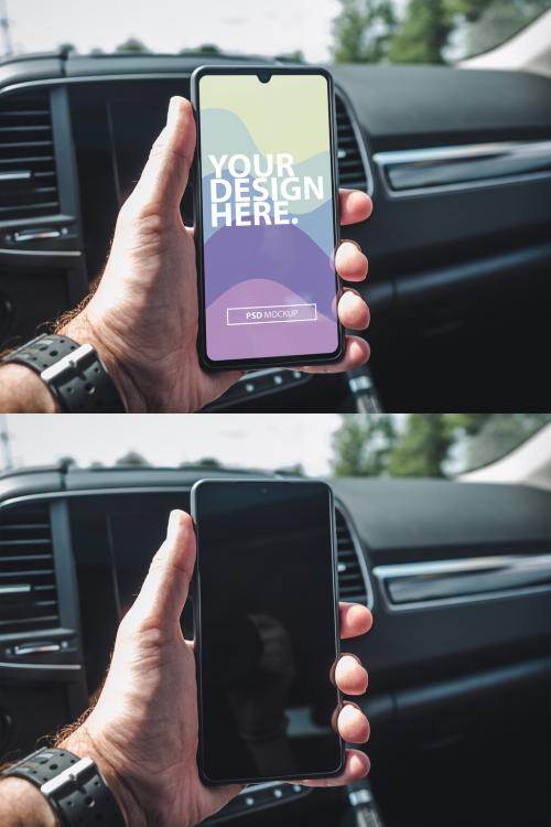 Modern Black Smartphone Mockup in Mans Hand in Modern Car Interior