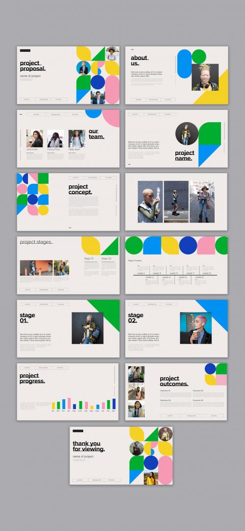 Pitch Deck Layout with Colorful Graphic Shapes