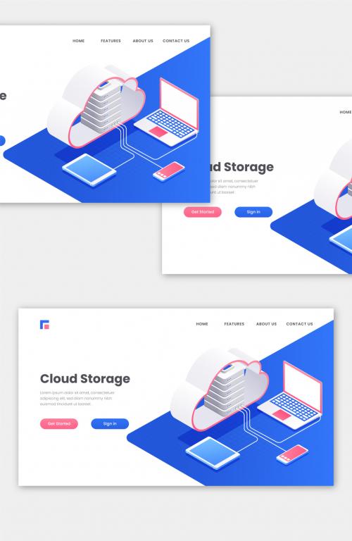 Landing Page Design 3D Cloud Server Connected with Digital Devices for Cloud Storage Concept