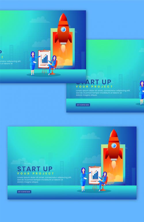 Landing Page Design for Startup Your Project Concept Businesswomen with Rocket Launching in Smartphone