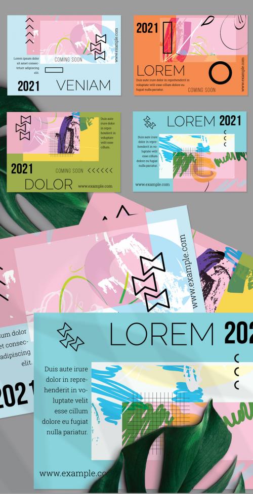 Flyer Layout with Geometric Shapes and Abstract Bright Artistic Brush Strokes