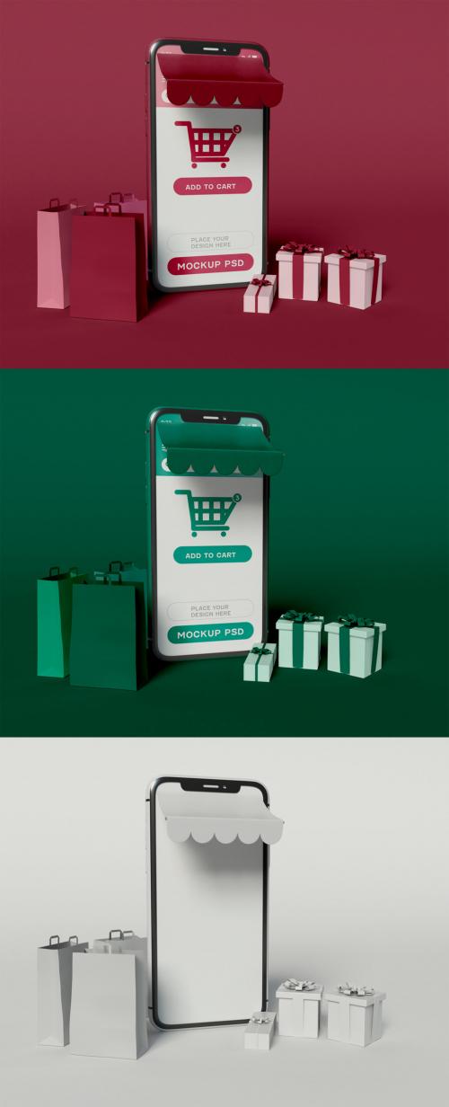 Smartphone with Shopping App and Gift Boxes Mockup