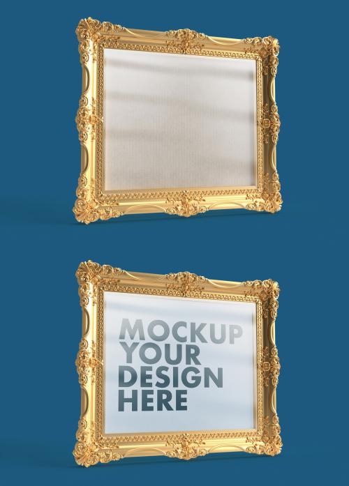 Simply Beautiful Gold and Ornamented Frame Mockup on a Blue Background