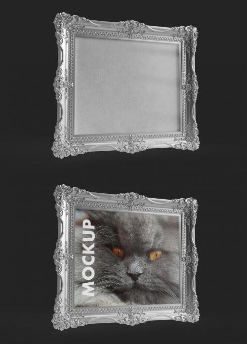 Simply Beautiful Silver and Ornamented Frame Mockup on a Dark Background