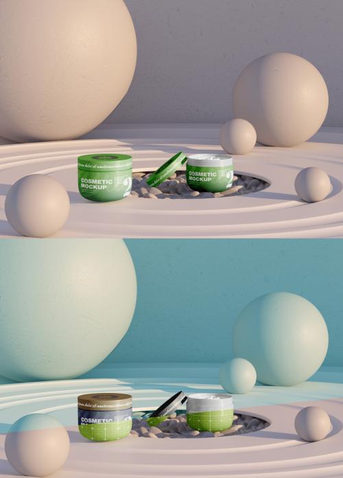 Set Glossy Cosmetic Jars Mockup