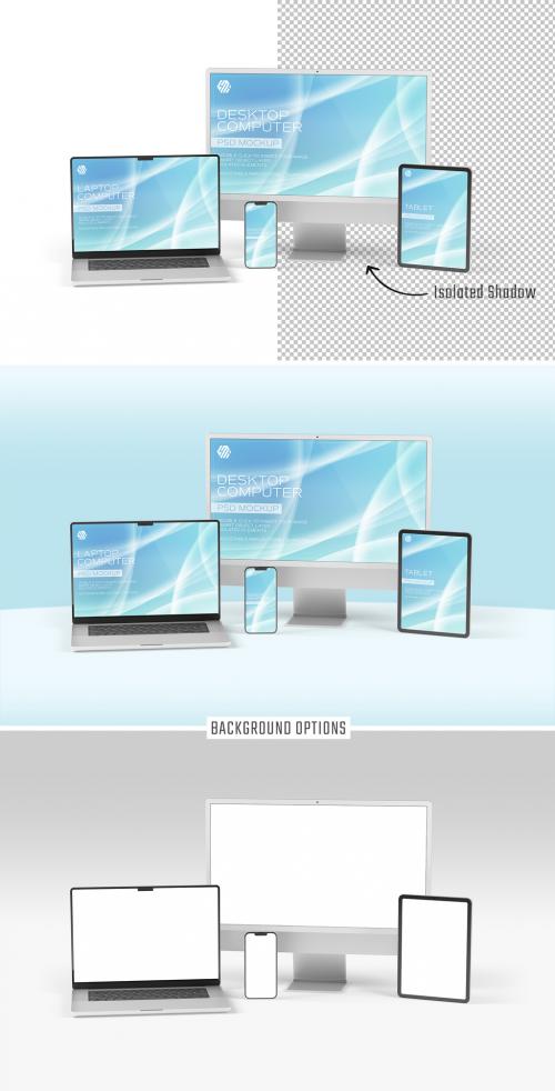 Devices Mockup with Smartphone Desktop Computer Laptop and Tablet Isolated on White