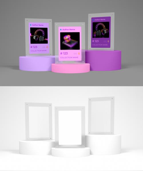 Three Transparent Frame with Nft Card Above Podiums