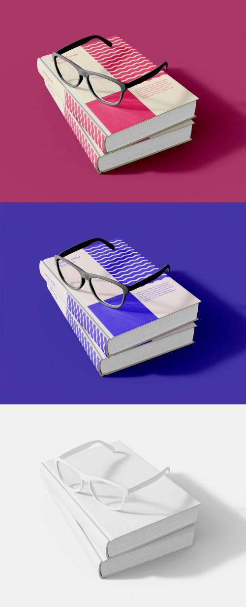 Stacked Books and Glasses Mockup