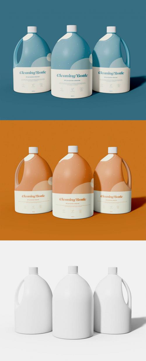 Three Plastic Cleaning Bottles Mockup