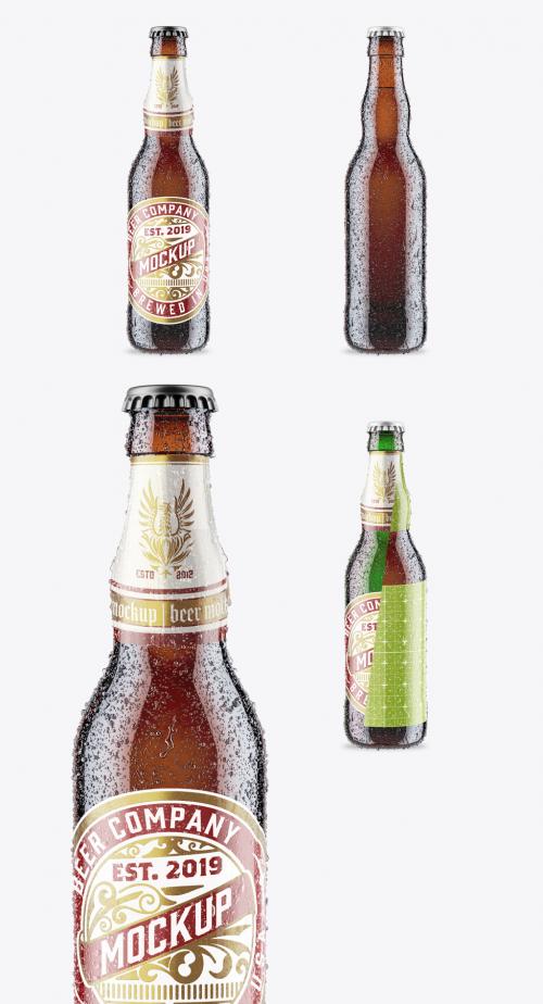 Amber Beer Bottle with Fresh Drops Mockup