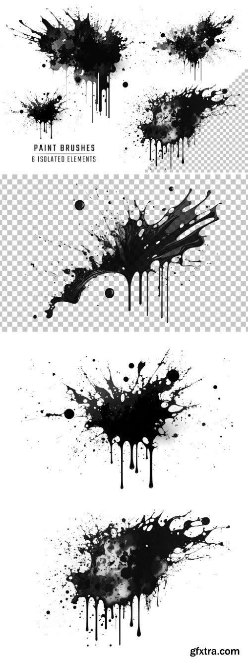 6 Isolated Paint Splash Brushes On Transparent Background