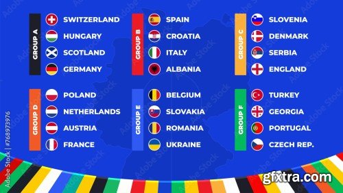 Football 2024 Group Stage of the European football tournament in Germany. Final draw. National flags European soccer teams. Vector illustration.