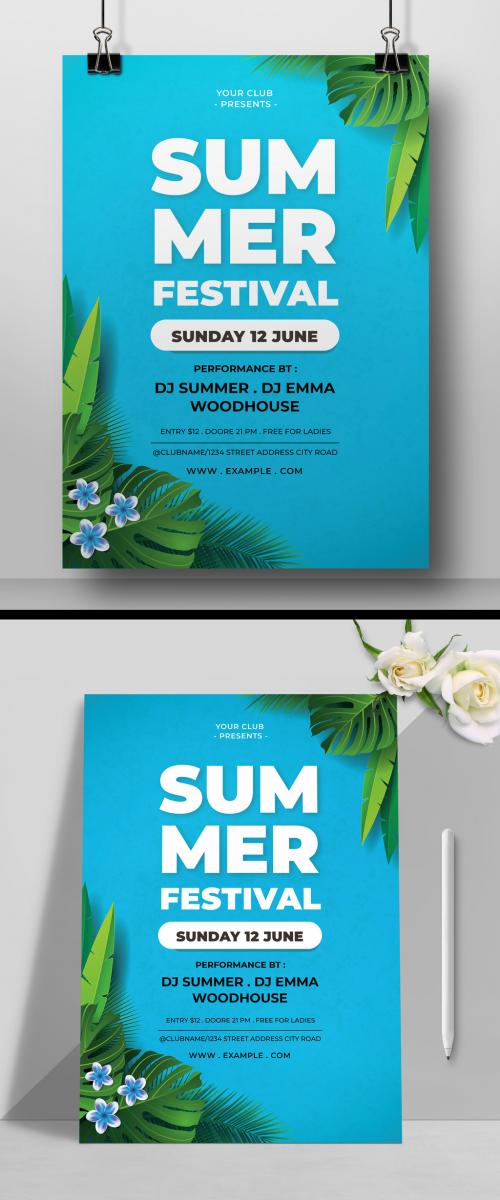 Blue Summer Party Flyer Layout with Palm Trees and Skyline