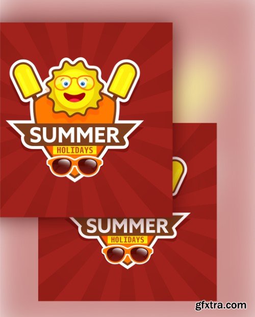 Sticker Style Summer Holiday Badge or Shield with Cartoon Sun, Ice Creams and Goggles on Red Rays Background