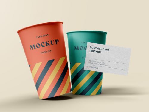 Take Away Paper Coffee Tea Cup and Business Card Mockup