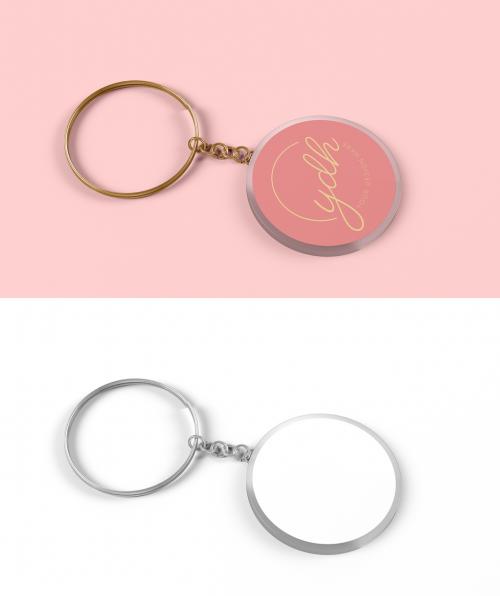 Round Transparent Plastic Keyring and Metal Chain Mockup