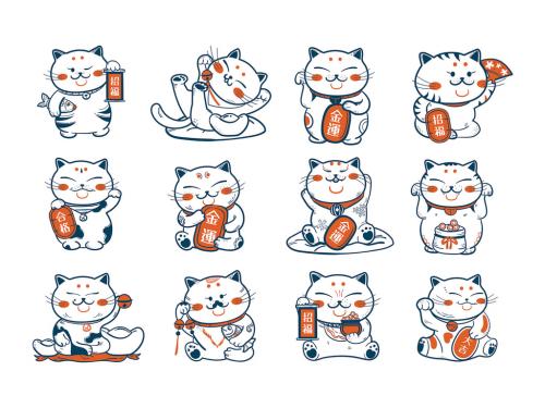 Japanese Asian Lucky Cat Maneki Neko Cute Illustrations Clipart Stickers