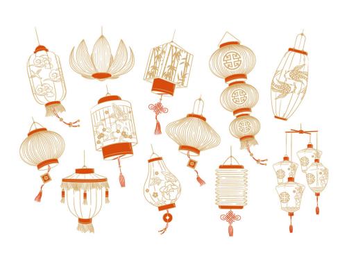 Chinese Japanese Asian Lantern Vector Illustrations Chinoiserie