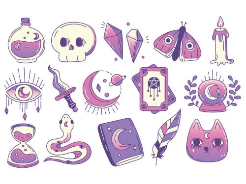 Cute Mystical Witchcraft Astrology Spiritual Vector Clipart Elements