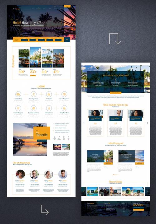 Website Design Layout for Travel Agency with Yellow and Blue Accents