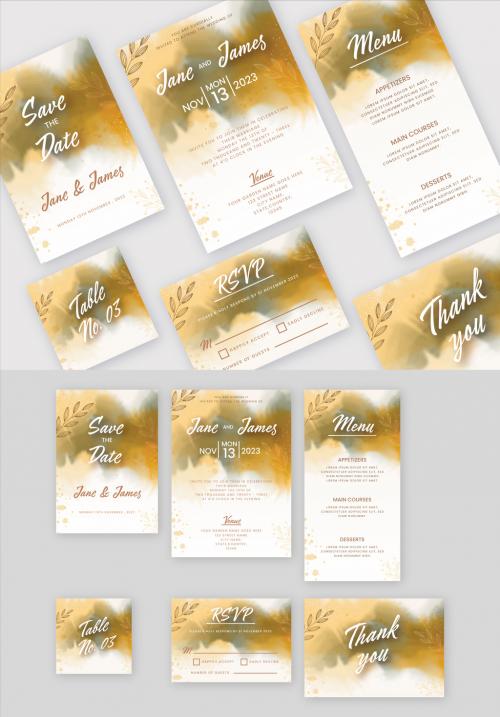 Golden and White Floral Designed Wedding Stationery Set