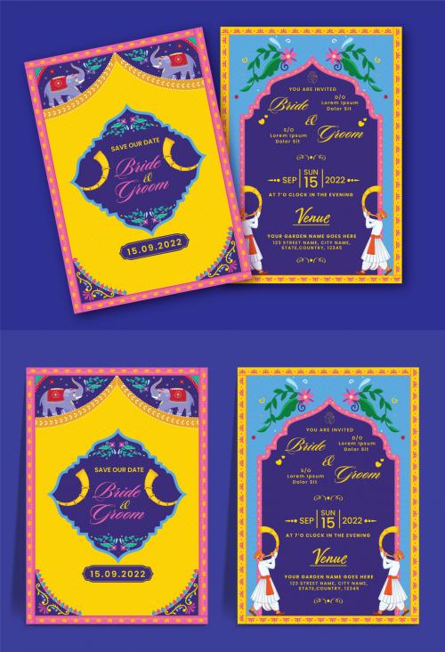 Indian Wedding Card or Invitation Card Template for Hindu Customs Wedding with Character Illustrations