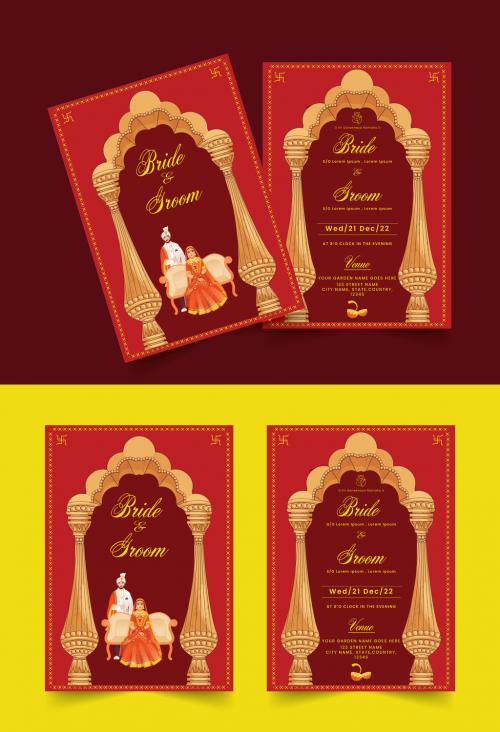 Indian Wedding Card or Invitation Card Template for Hindu Customs Wedding with Bride and Groom Character Illustrations