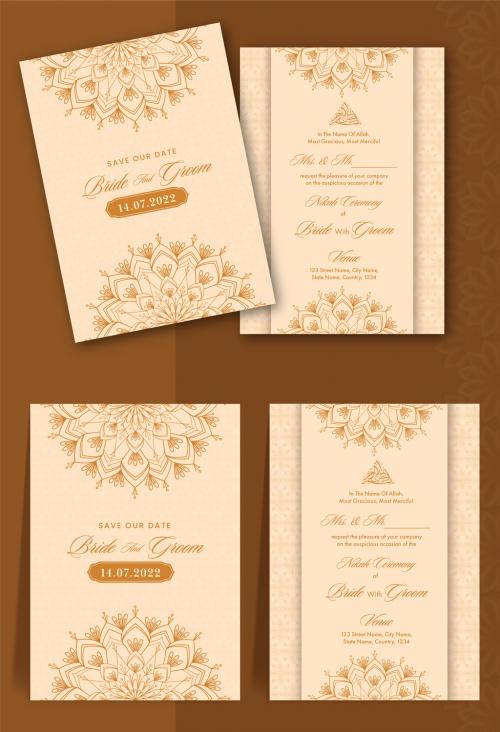 Golden and Beige Muslim Nikah Wedding Invitation Design with Beautiful Floral Decorations