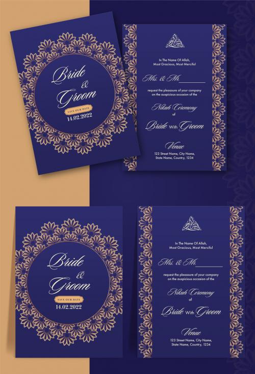 Golden and Blue Muslim Nikah Wedding Invitation Design