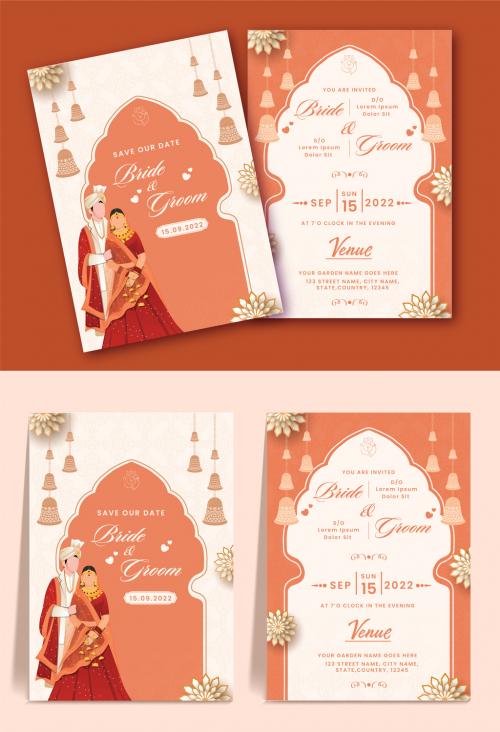 Indian Wedding Card or Invitation Card Template for Hindu Customs Wedding with Bride and Groom Character Illustrations