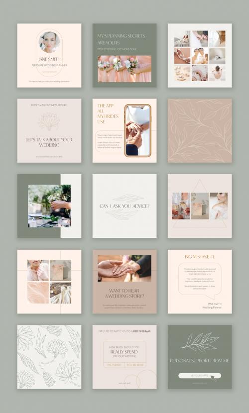 Wedding Industry Expert Post Layouts in Soothing Colors with Elegant Golden Details