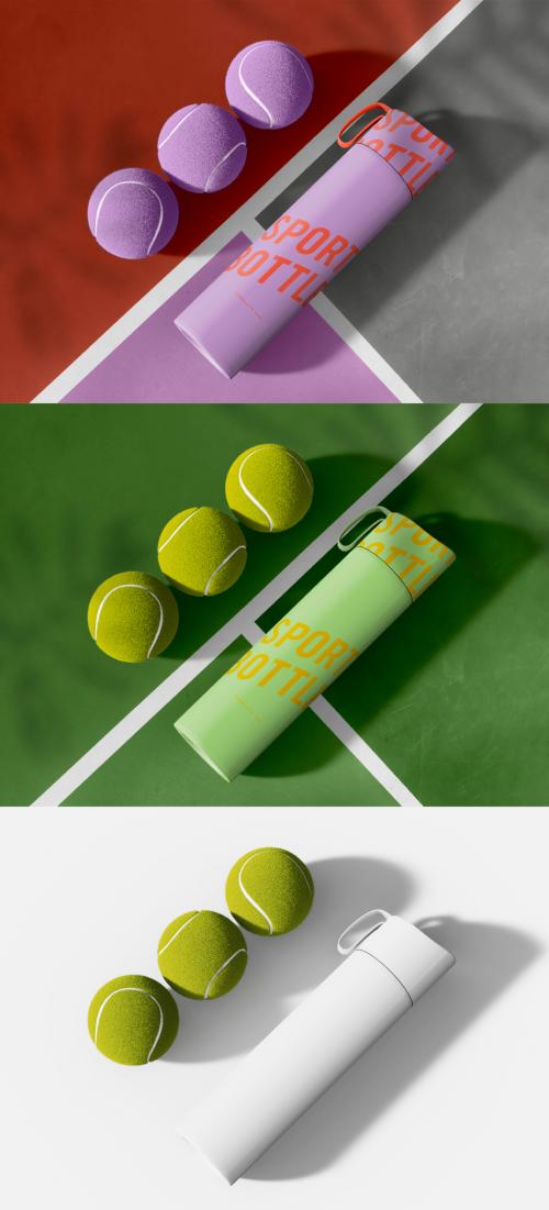 Sport Bottle with Balls on Tennis Court Mockup