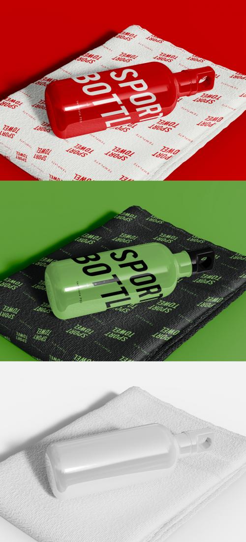 Aluminum Water Bottle with Towel Mockups