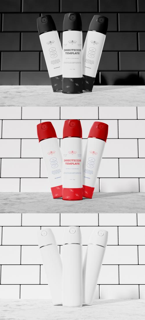 Three Aerosol Bottles on a Marble Counter Top Witn Seamless Ceramic Tiles Mockup