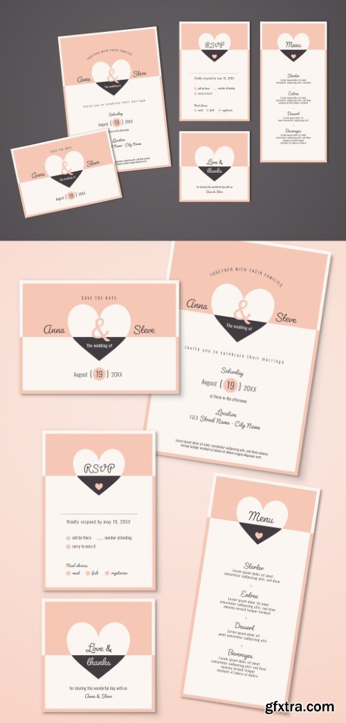 Wedding Invitation Set with Pink and Gray Heart Elements