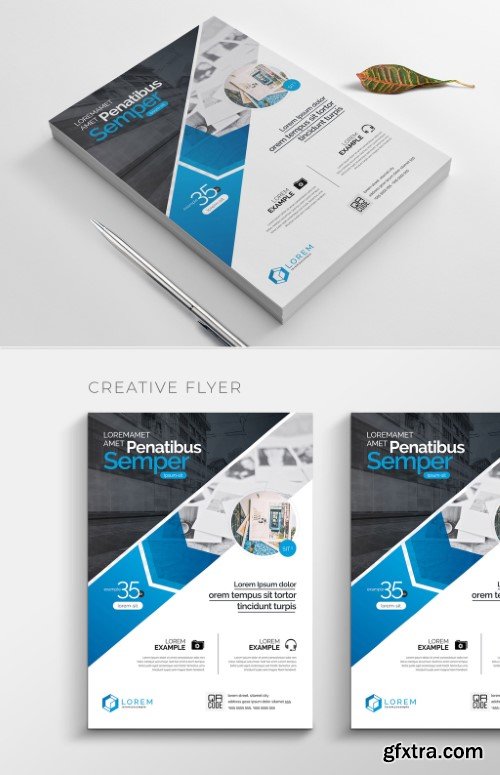 Flyer Layout with Blue Geometric Designs