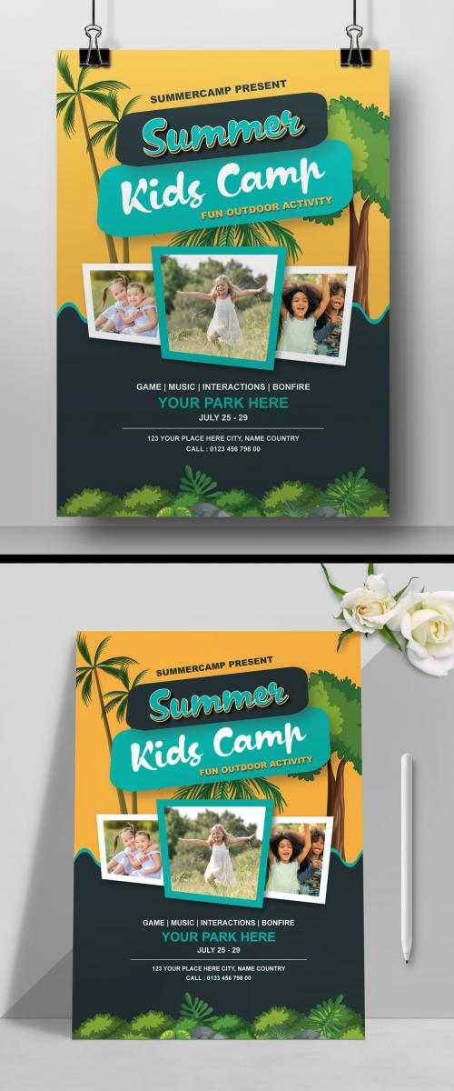 Kids Summer Camp Flyer Layout with Yellow and Black Accents