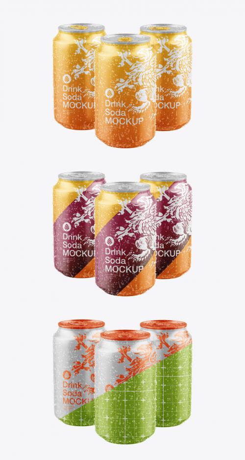 Set Glossy Metallic Can with Drops Mockup