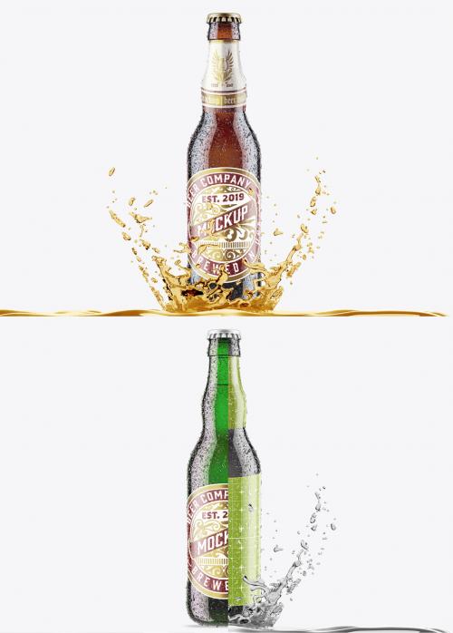 Amber Beer Bottle with Fresh Drops and Splash Mockup