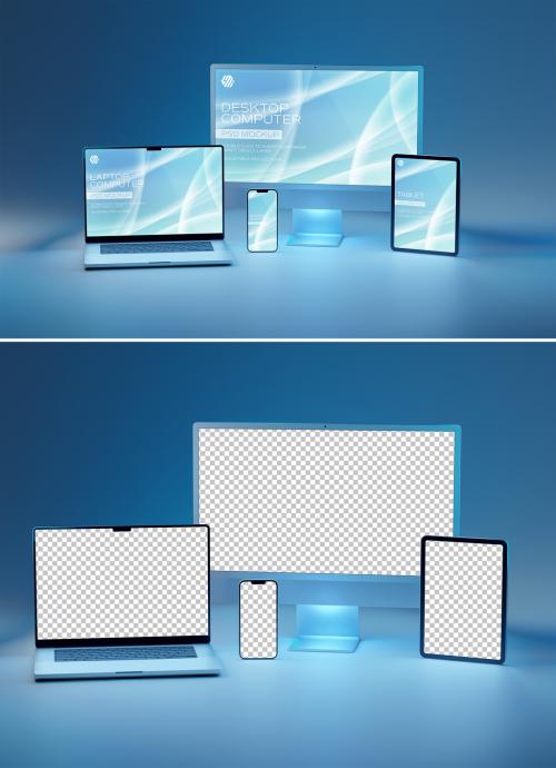 Devices Mockup with Smartphone Desktop Computer Laptop and Tablet