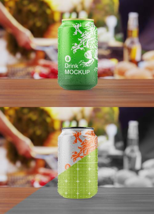 Glossy Metallic Can with Drops Mockup