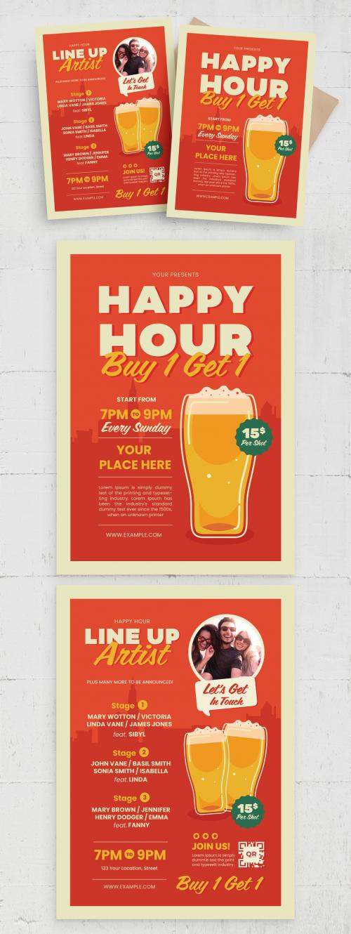 Happy Hour Flyer Poster with Beer Illustrations