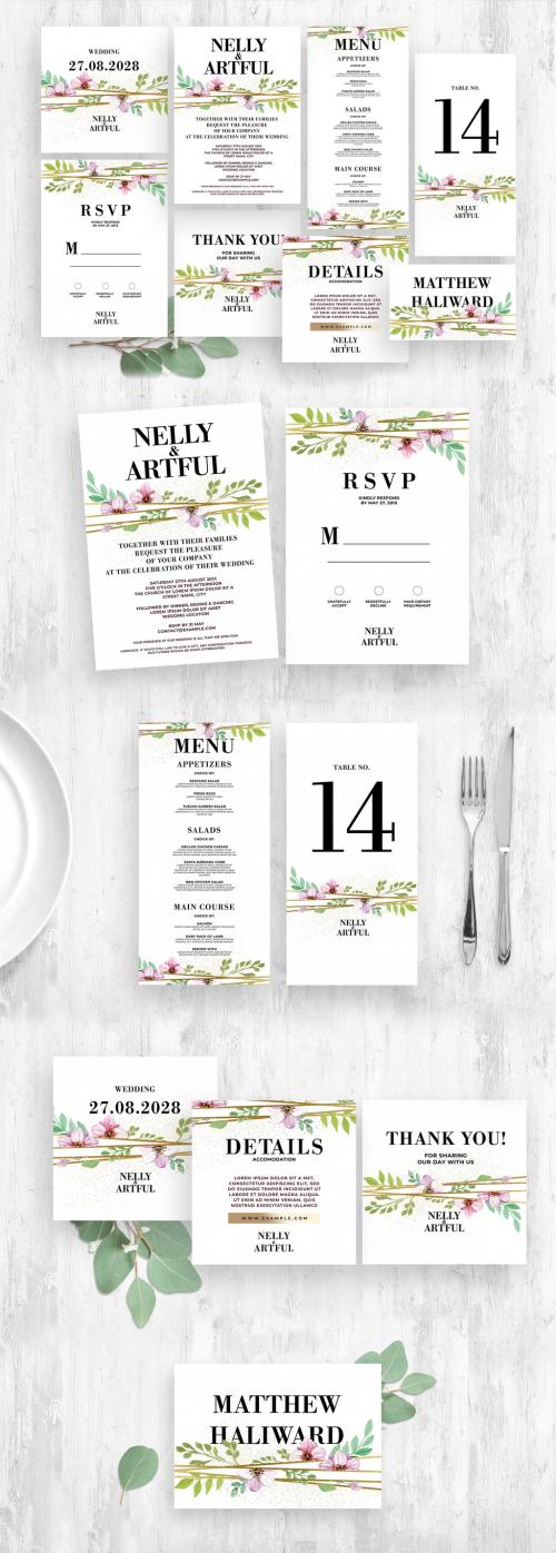 Wedding Invitation Stationery Set with Rustic Flower Floral Illustrations