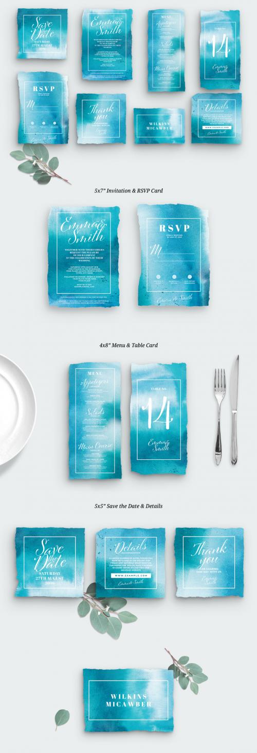 Rustic Blue Watercolor Wedding Invite Stationery Set