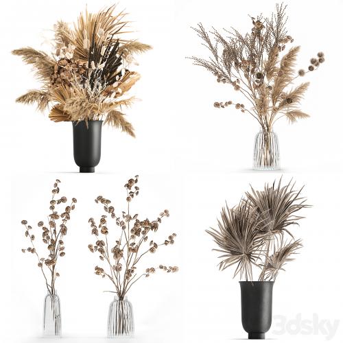 A set of flower bouquets in vases of dried flowers, palm branch, pampas grass, reed grass, hydrangea, thorns. 283