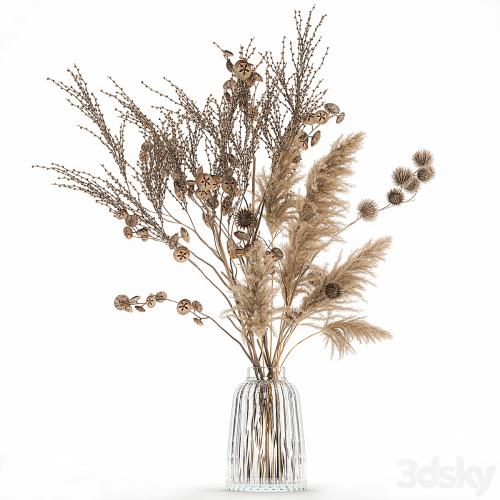 A set of flower bouquets in vases of dried flowers, palm branch, pampas grass, reed grass, hydrangea, thorns. 283