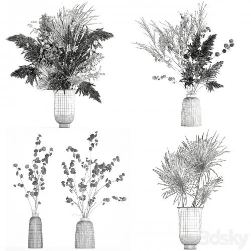 A set of flower bouquets in vases of dried flowers, palm branch, pampas grass, reed grass, hydrangea, thorns. 283