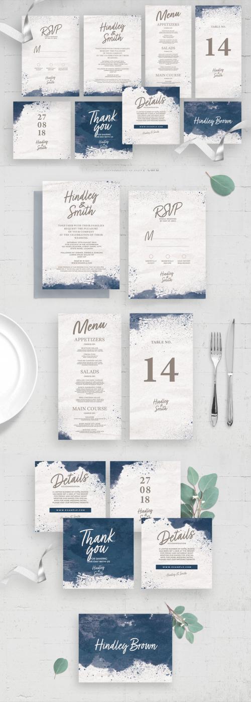 Elegant White Blue Wedding Invite Stationery with Paint Splatters