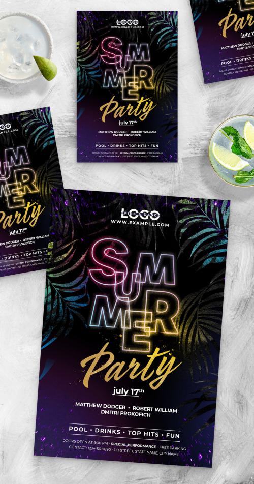 Summer Nightclub Dj Flyer with Neon Text