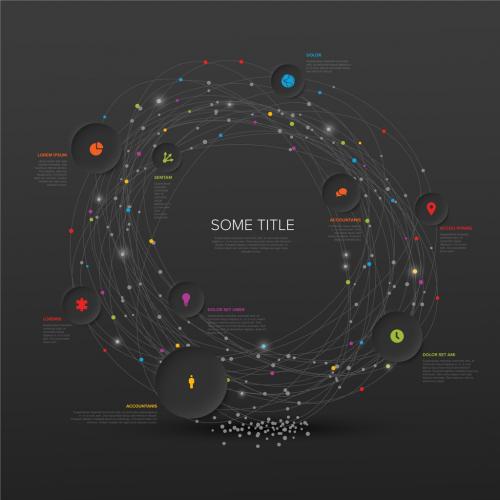 Simple Dark Infographic with Circle Icons Elements on Abstract Circle Paths